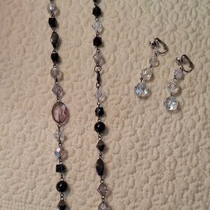 Black and Clear Beaded Necklace with Matching Clip-On Earrings